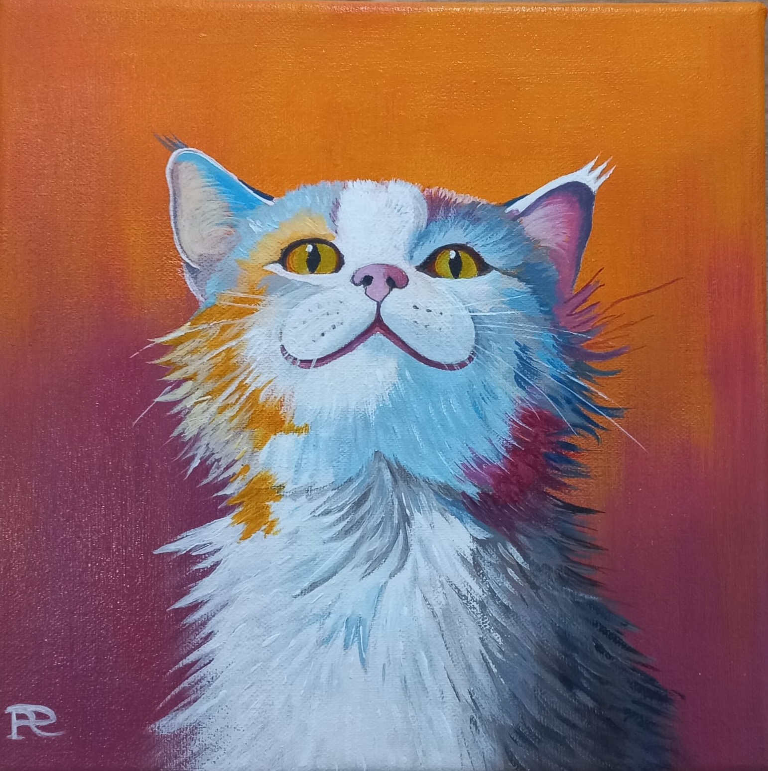 Chat au regard malicieux sur un fond dégradé orange et pourpre