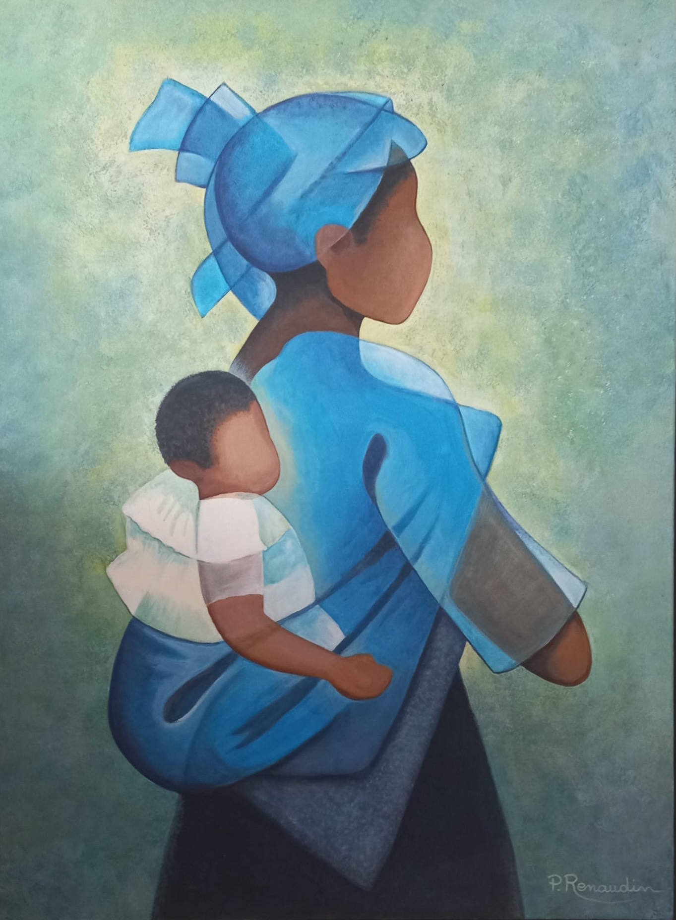 Femme en pagne bleu portant un enfant sur son dos, silhouette stylisée