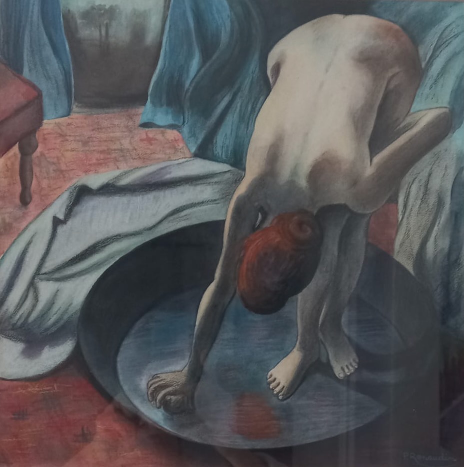 Nu féminin penché au-dessus d'un tub, pastel dans des bleus et des rouges sourds