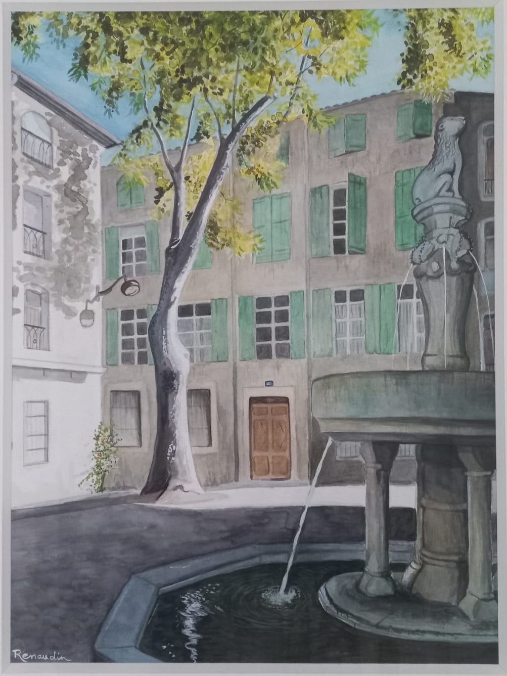 Aquarelle d'une place de village avec fontaine à lion, platane et volets verts