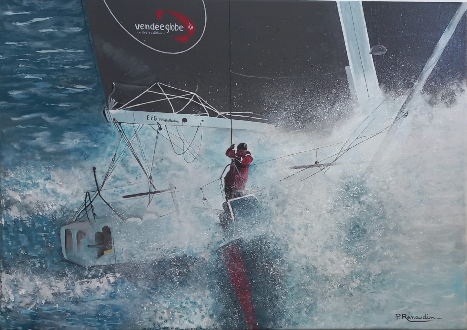 Skipper à la barre d'un voilier de course du Vendée Globe dans l'écume